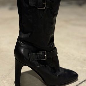 Black Leather High-Heeled Boots